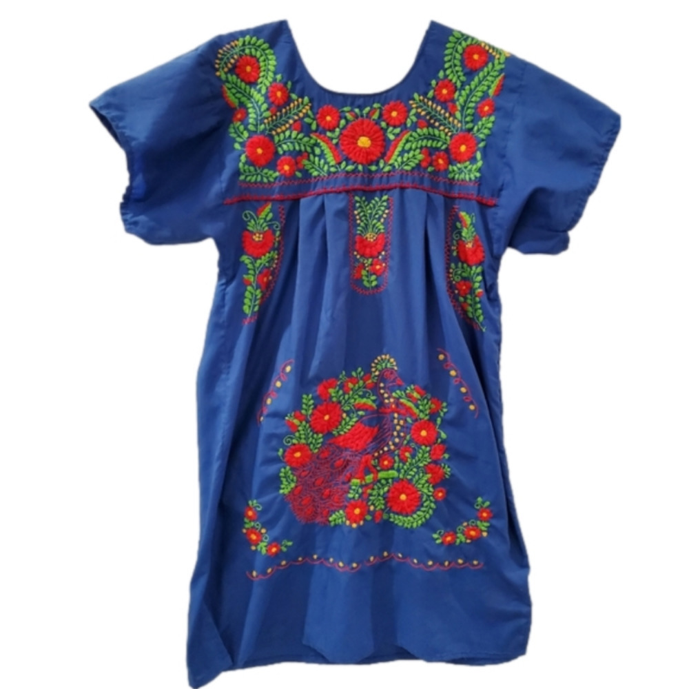 Traditional Mexican Huipil Embroidered Dress size large peacock and flowers R2